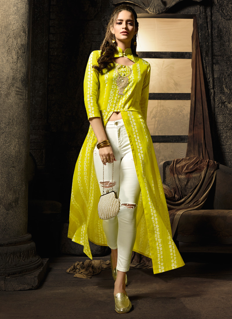 Online Designer Kurti Shop Yellow Cotton Satin Party Wear Indo Western Kurti Meave 7904 By Maisha SC 016325 Size L